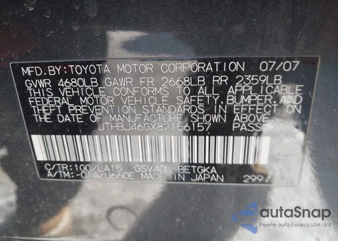 2008 Lexus Es 350 z USA, uszkodzony, nr VIN JTHBJ46GX82156157